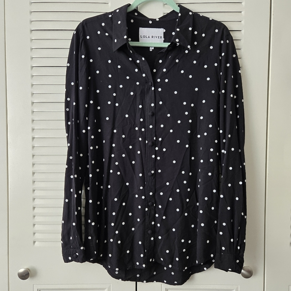 Lola River Long Sleeve Blouse Black & White Polka Dot 100% Viscose Size L